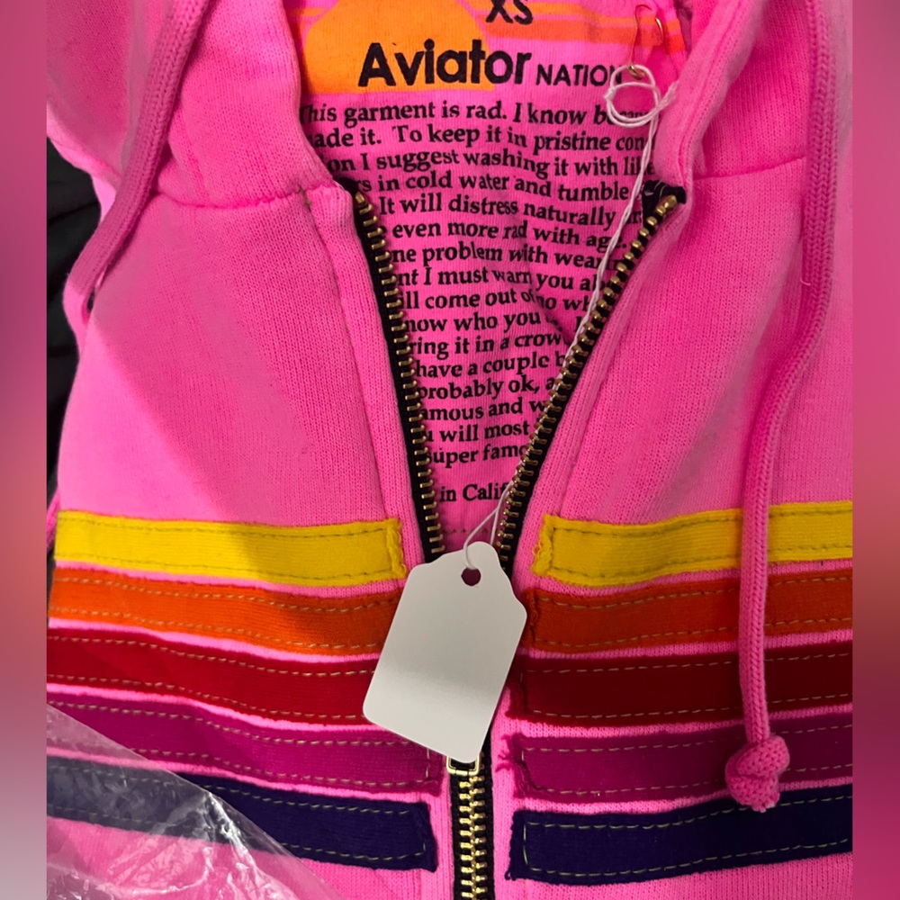 NWT AVIATOR NATION 5 Stripe Zip Hoodie in Neon Pink, Yellow, & Purple - XS - Picture 6 of 6